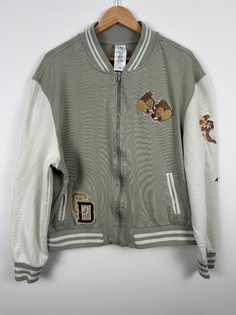 Disney Chip ’n’ Dale Varsity Jacket L Embroidered Sage Green Zip
